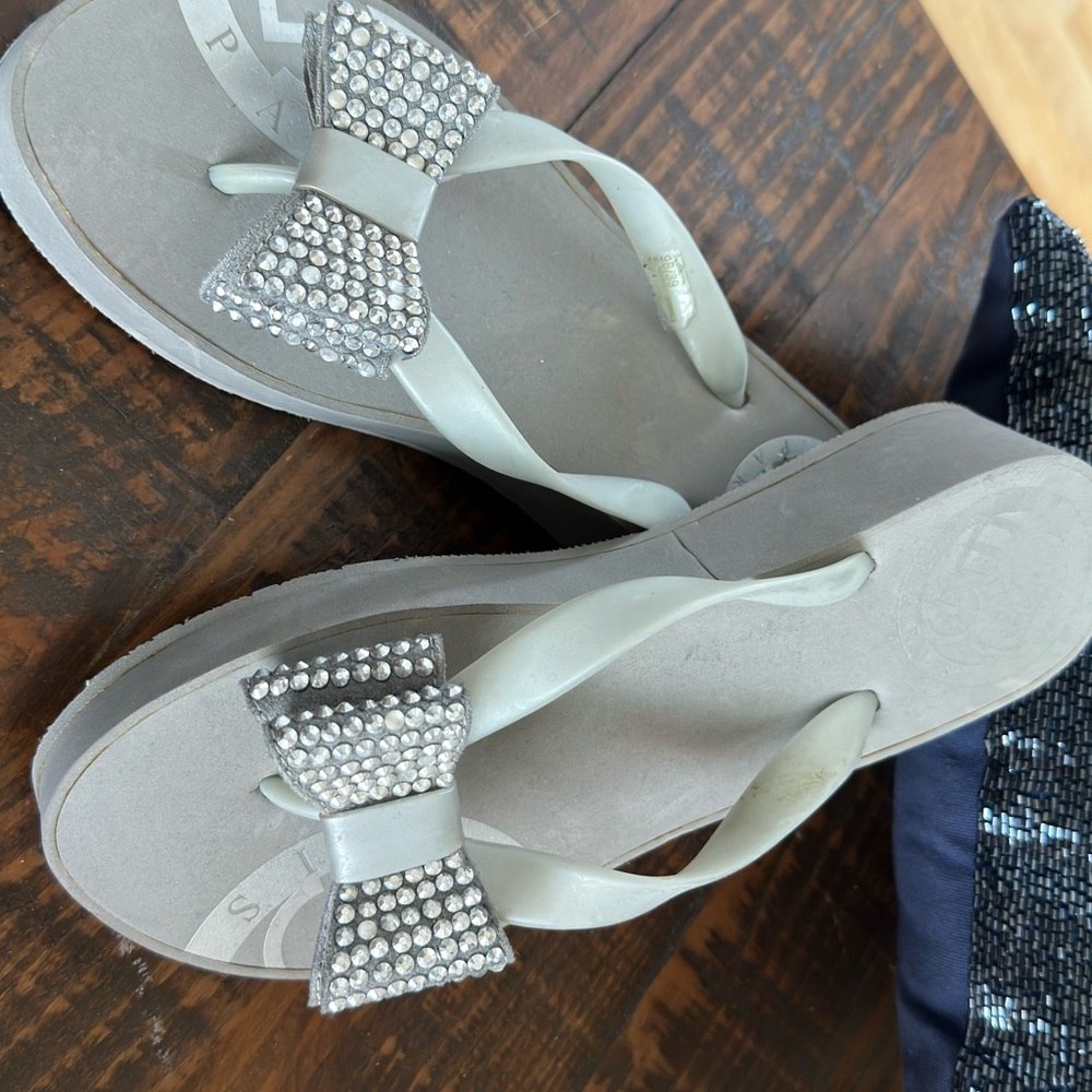 BCBG Paris Gray Rhinestone Bow Sandals - Picture 2 of 6